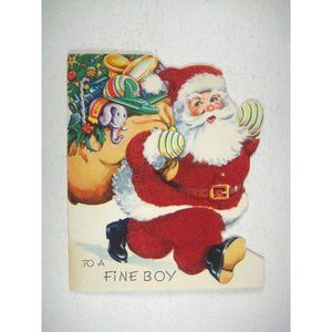 Santa Claus Bag Christmas Card 1949 Used Die Cut Flocked Fine Boy HH Knocker
